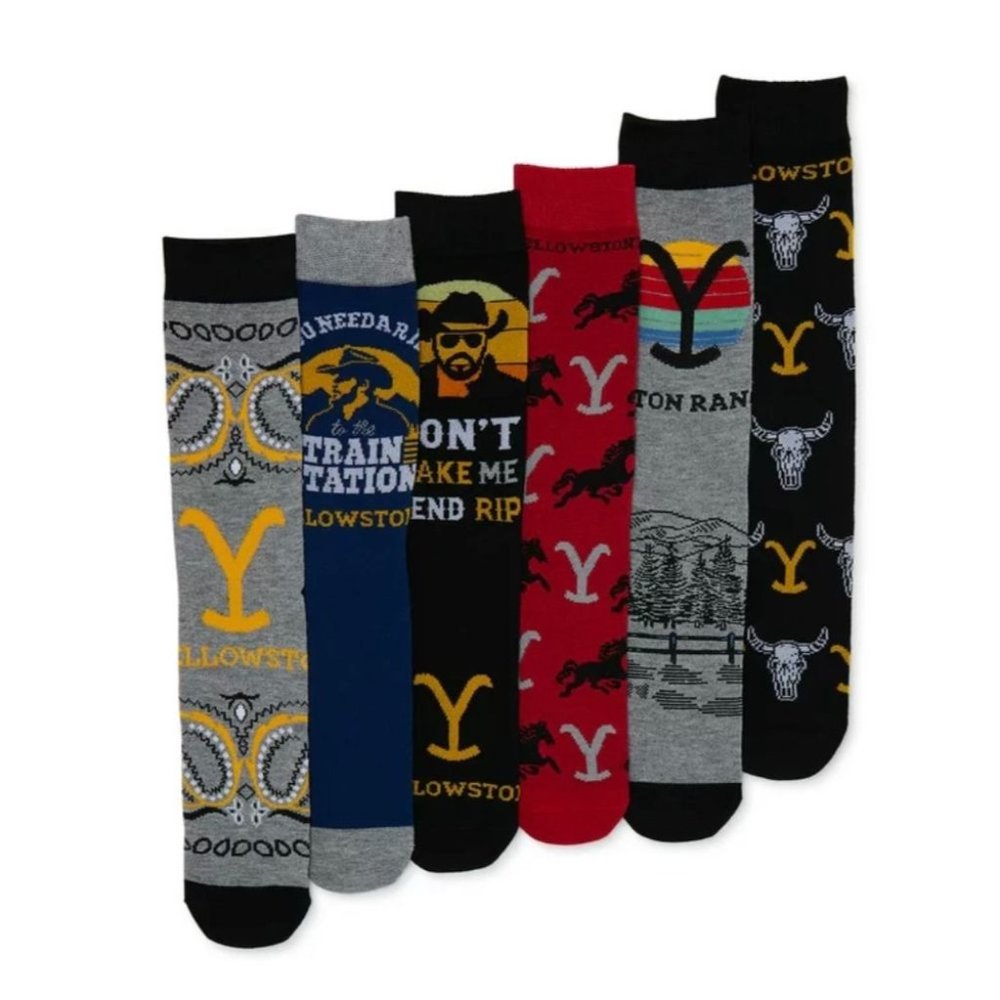 YELLOWSTONE Dutton Ranch Fun Crew Socks 6 pk. Sz 8-12 RIP Beth
